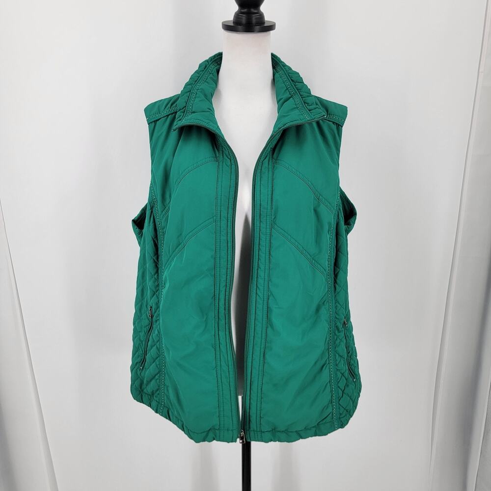 Coldwater Creek Womens 1X Green Quilted Vest Full Zip Collared Zipped Pockets